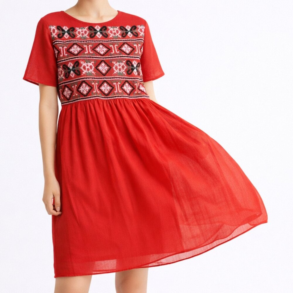 Zara Red Orange Embroidered Mesh Short Sleeve Babydoll Dress Womens Small